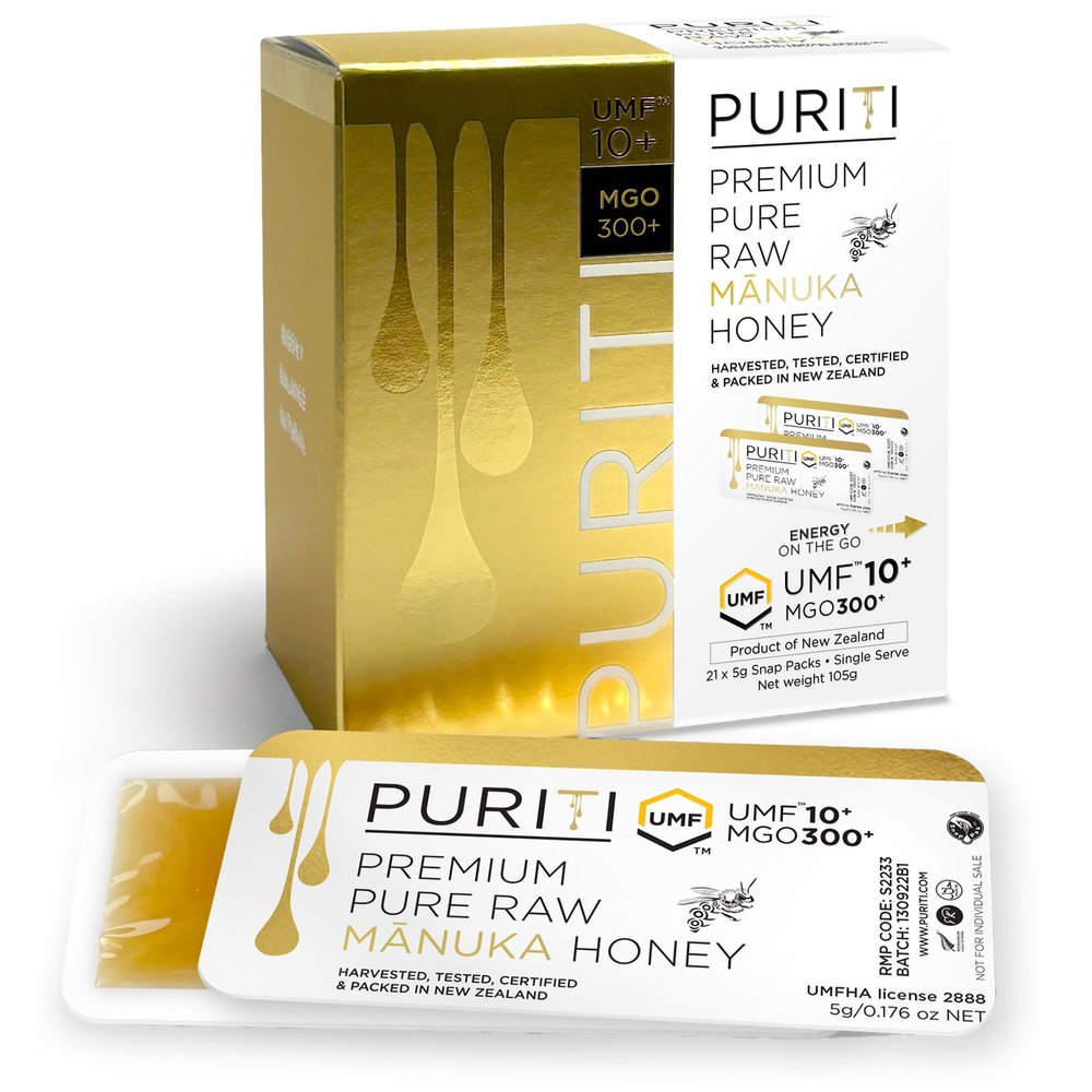 PURITI Genuine Raw Manuka Honey Snaps On The Go - UMF 10+ (MGO300+) 21 x 0.18oz Individual Snap Packets, Single Serve Honey Sticks for Tea, Travel & Snacks, Certified, Authentic Made in New Zealand