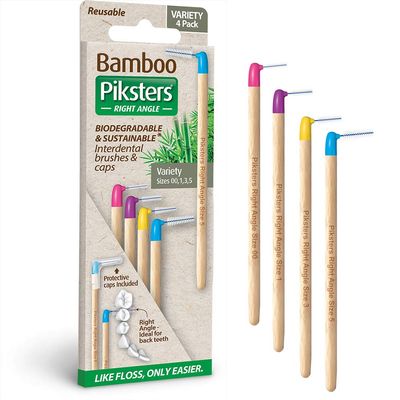 Bamboo Right Angled | Piksters Interdental Brushes | Variety 4 Pack | Sizes 00, 1, 3 & 5 Included