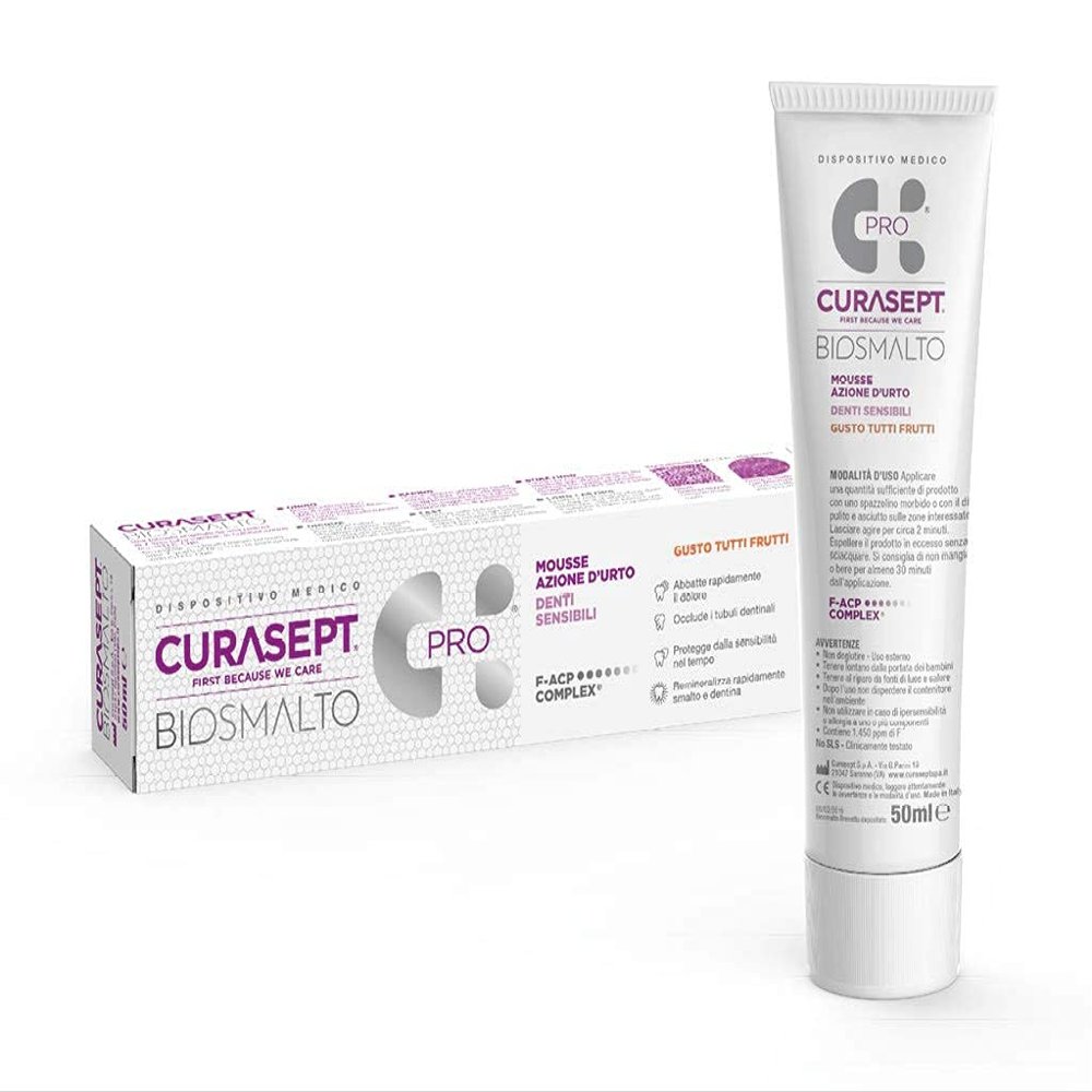 Curasept Biosmalto Denti Sensibili Mousse Azione DUrto Gusto Tutti Frutti, 50ml