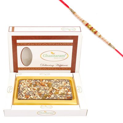 Ghasitaram Gifts Rakhi Gifts for Brothers Rakhi Chocolate Dark Dryfruit Chocolate Bark Big with Pearl Rakhi
