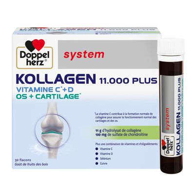 Doppelherz - Kollagen 11000 Plus - Collagen hydrolysate, chondroitin Sulphate, Vitamins C and D and Trace Elements - for Bones, cartilages and tendons - Wild Berry Flavour - 30 Bottles of 25ml