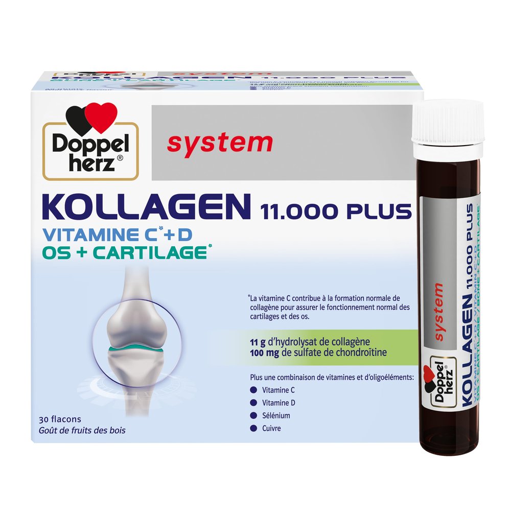 Doppelherz - Kollagen 11000 Plus - Collagen hydrolysate, chondroitin Sulphate, Vitamins C and D and Trace Elements - for Bones, cartilages and tendons - Wild Berry Flavour - 30 Bottles of 25ml