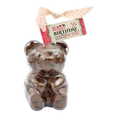 ButtonChocs Birthday Chocolate Teddy Bear - Happy Birthday. Belgian Milk Chocolate Birthday Gift.
