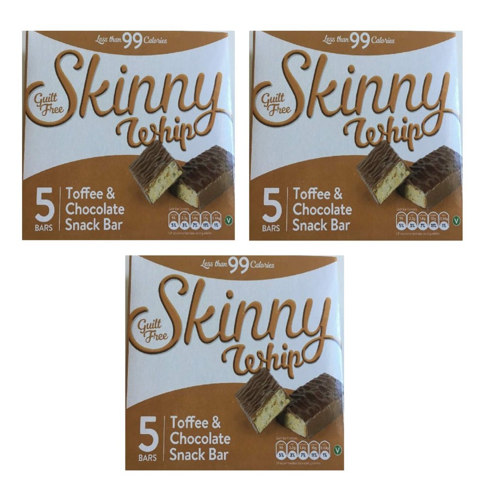 3 x Boxes Skinny Whip Toffee & Chocolate Snack BAR - 5 Bars PER Pack Less Than 99 Calories