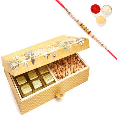 Ghasitaram Gifts Rakhi Gifts for Brothers Rakhi Chocolate 4 Print 12 Pcs Chocolates,Almonds and Pistachios Hamper Box with Pearl Rakhi