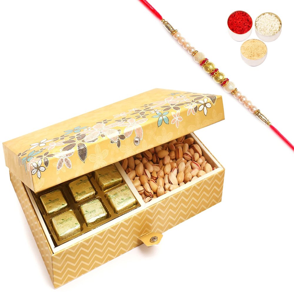 Ghasitaram Gifts Rakhi Gifts for Brothers Rakhi Chocolate 4 Print 12 Pcs Chocolates,Almonds and Pistachios Hamper Box with Pearl Rakhi