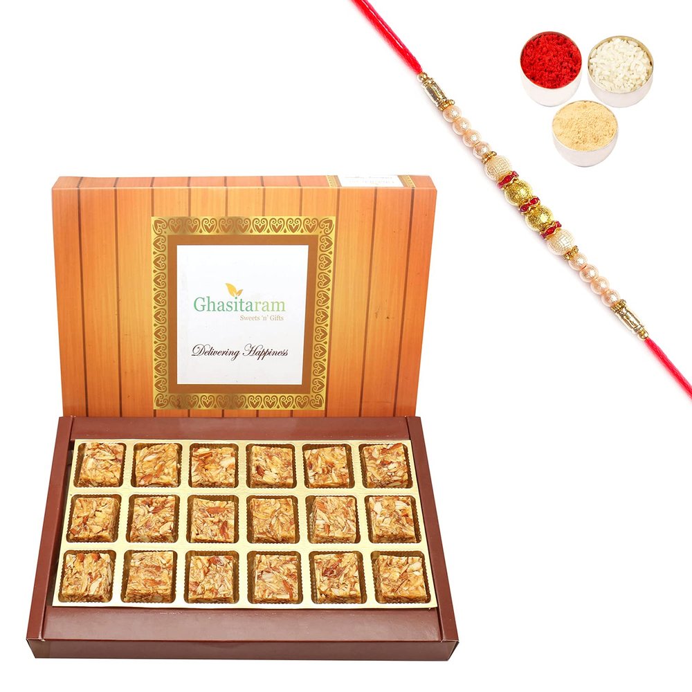 Ghasitaram Gifts Rakhi Gifts for Brothers Roasted Almond Bites 18 pcs Box with Pearl Rakhi