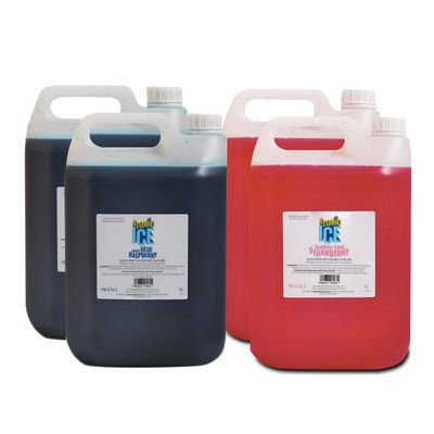 4 x 5L Atomic Ice Slush Syrup. 2x5L Raspberry, 2x5L Strawberry. All Natural Flavours, NO Glycerine No Azo Colours.