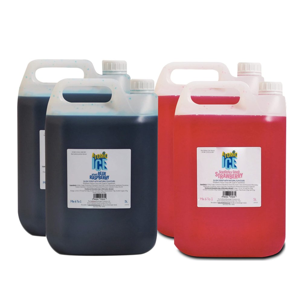 4 x 5L Atomic Ice Slush Syrup. 2x5L Raspberry, 2x5L Strawberry. All Natural Flavours, NO Glycerine No Azo Colours.