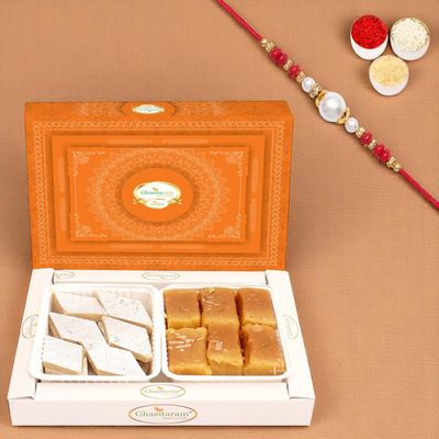 Ghasitaram Gifts Rakhi Gifts for Brothers Rakhi Sweets - Box of Kaju Katli and Soft Mysore Pak with Pearl Beads Rakhi