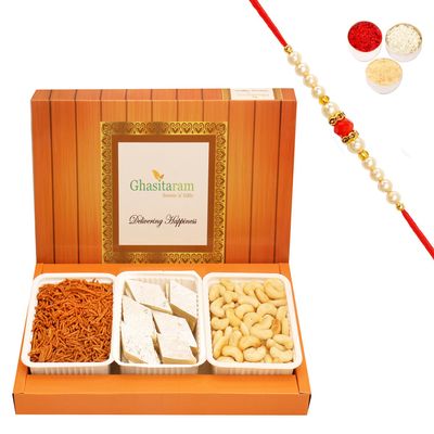 Ghasitaram Gifts Rakhi Gifts for Brothers Rakhi Sweets - Assorted Box Kaju Katli, SOYA Sev and Cashew Shaped Biscuits with Pearl Beads Rakhi