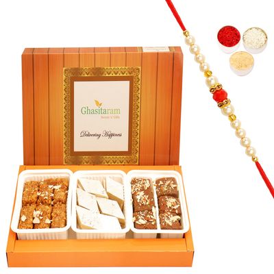 Ghasitaram Gifts Rakhi Gifts for Brothers Rakhi Sweets - Assorted Box of Kaju Katli, Milk Cake and Chocolate Mawa Barfi with Pearl Beads Rakhi