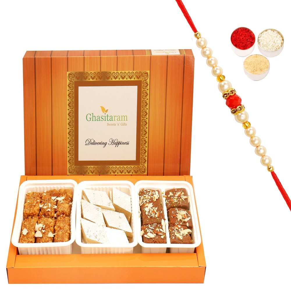 Ghasitaram Gifts Rakhi Gifts for Brothers Rakhi Sweets - Assorted Box of Kaju Katli, Milk Cake and Chocolate Mawa Barfi with Pearl Beads Rakhi