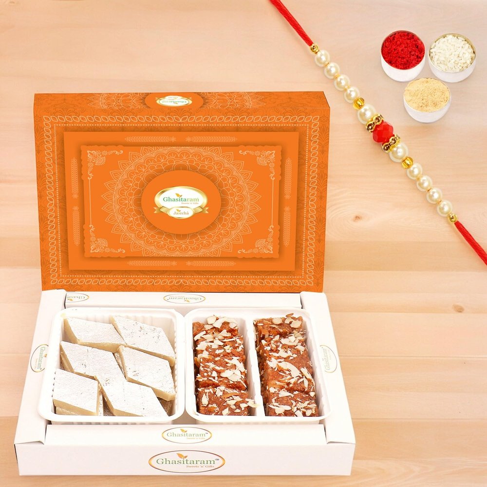 Ghasitaram Gifts Rakhi Gifts for Brothers Rakhi Sweets - Box of Kaju Katli and Dodha Barfi with Pearl Beads Rakhi