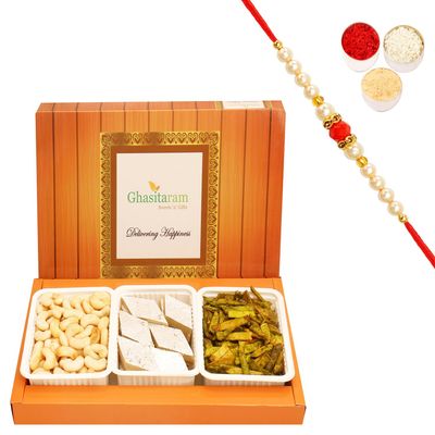 Ghasitaram Gifts Rakhi Gifts for Brothers Rakhi Sweets - Assorted Box of Kaju Katli,Cashew Shaped Biscuits and Palak Potato Chips with Pearl Beads Rakhi
