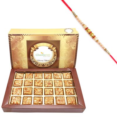 Ghasitaram Gifts Rakhi Gifts for Brothers Roasted Almond Bites 24 pcs Box with Pearl Rakhi