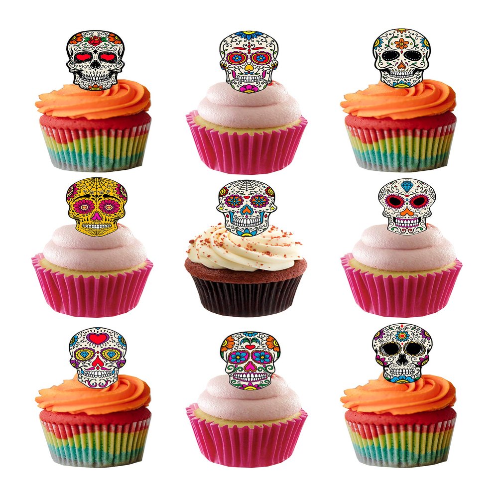 36 Stand Up Sugar Skulls Themed Edible Wafer paper Cake Toppers Decorations