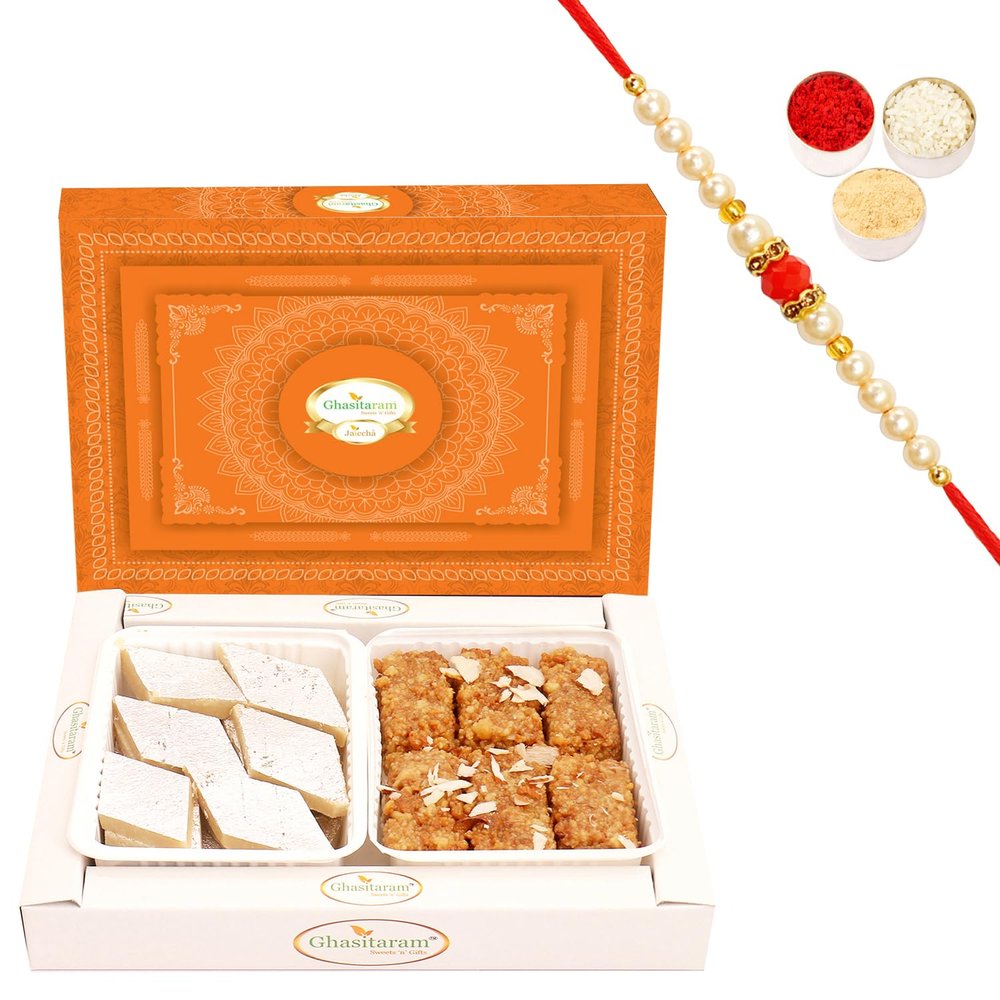 Ghasitaram Gifts Rakhi Gifts for Brothers Rakhi Sweets - Box of Kaju Katli and Milk Cake with Pearl Beads Rakhi