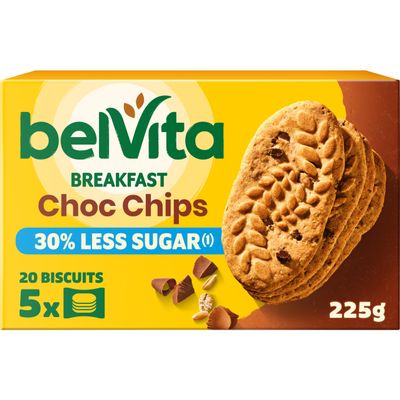 BelVita Breakfast Biscuits Choc Chips, 30% Less Sugars, Wholegrain & High in Fibre, (5 x 45 g) (Pack of 10) Total 200 Biscuits