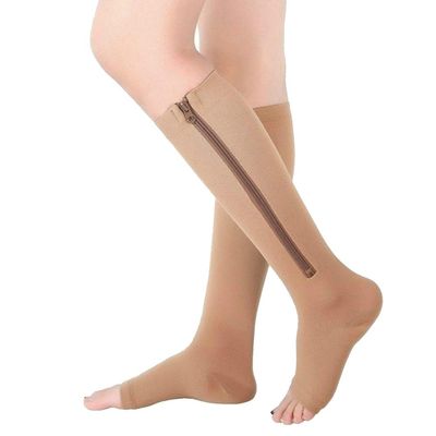 AXspeed 1 Pair 15-20 mmHg Compression Socks Mens Womens Leg Support Knee Hign Stocking with Open Toe for Running & Fitness, Nurses, Varicose Veins (S, Skin)