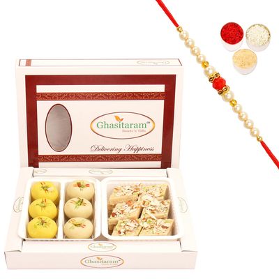 Ghasitaram Gifts Rakhi Gifts for Brothers Rakhi Sweets - Box of Sugarfree Kaju Katli and Sugarfree Mawa Peda with Pearl Beads Rakhi