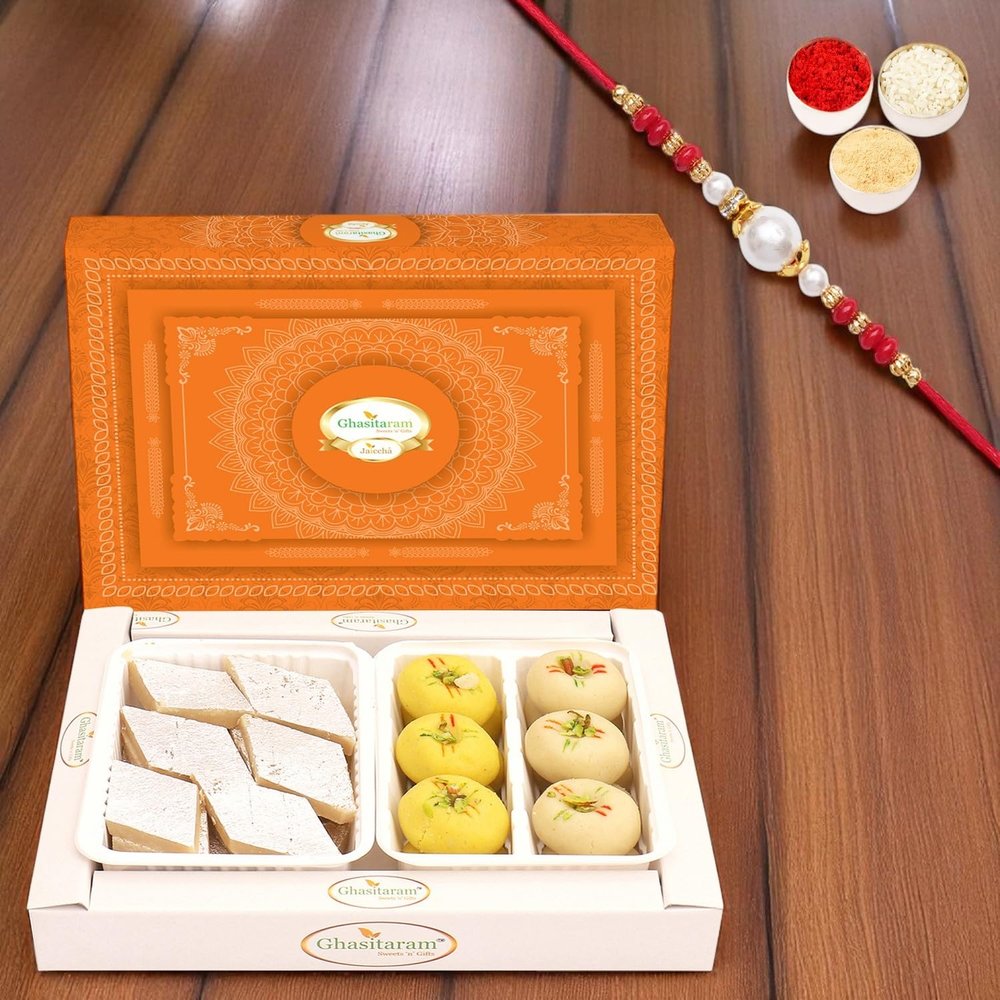 Ghasitaram Gifts Rakhi Gifts for Brothers Rakhi Sweets - Box of Kaju Katli and Mawa Peda with Pearl Beads Rakhi