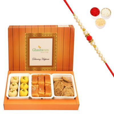 Ghasitaram Gifts Rakhi Gifts for Brothers Rakhi Sweets - Assorted Box of Mawa Peda; Mysore Pak and Methi Mathi with Pearl Beads Rakhi