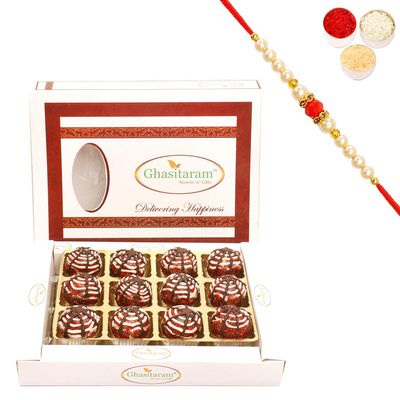 Ghasitaram Gifts Rakhi Gifts for Brothers Rakhi Sweets - Anjeer Chocolate Laddoo in White Box with Beads Rakhi