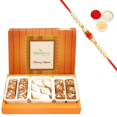 Ghasitaram Gifts Rakhi Gifts for Brothers Rakhi Sweets - Assorted Box of Kaju Katli, Dodha Barfi and Chocolate Mawa Barfi with Pearl Beads Rakhi
