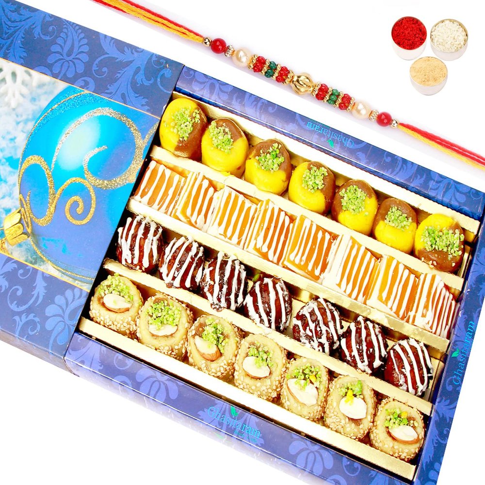 Ghasitaram Gifts Rakhi Gifts for Brothers Rakhi Sweets - Ghasitaram Gifts - Assorted Exotic Mix Sweets 400 GMS with Beads Rakhi