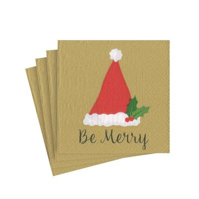Cocktail Napkins Paper Napkins Christmas Party Napkins Holiday Party Red and Gold Napkins Be Merry 5" x 5" Pk 20