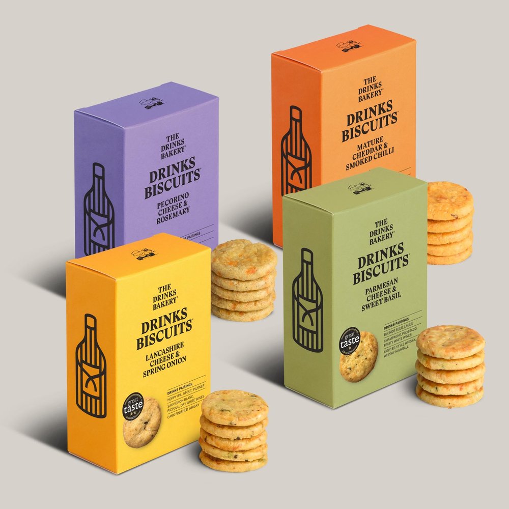 The Drinks Bakery Discerning Drinkers Gift Set - Luxury Biscuits Expertly Paired with Drinks - Award-Winning Savory Snacks as Seen on Dragons Den - Made in Scotland - 4 x 110g Pack.