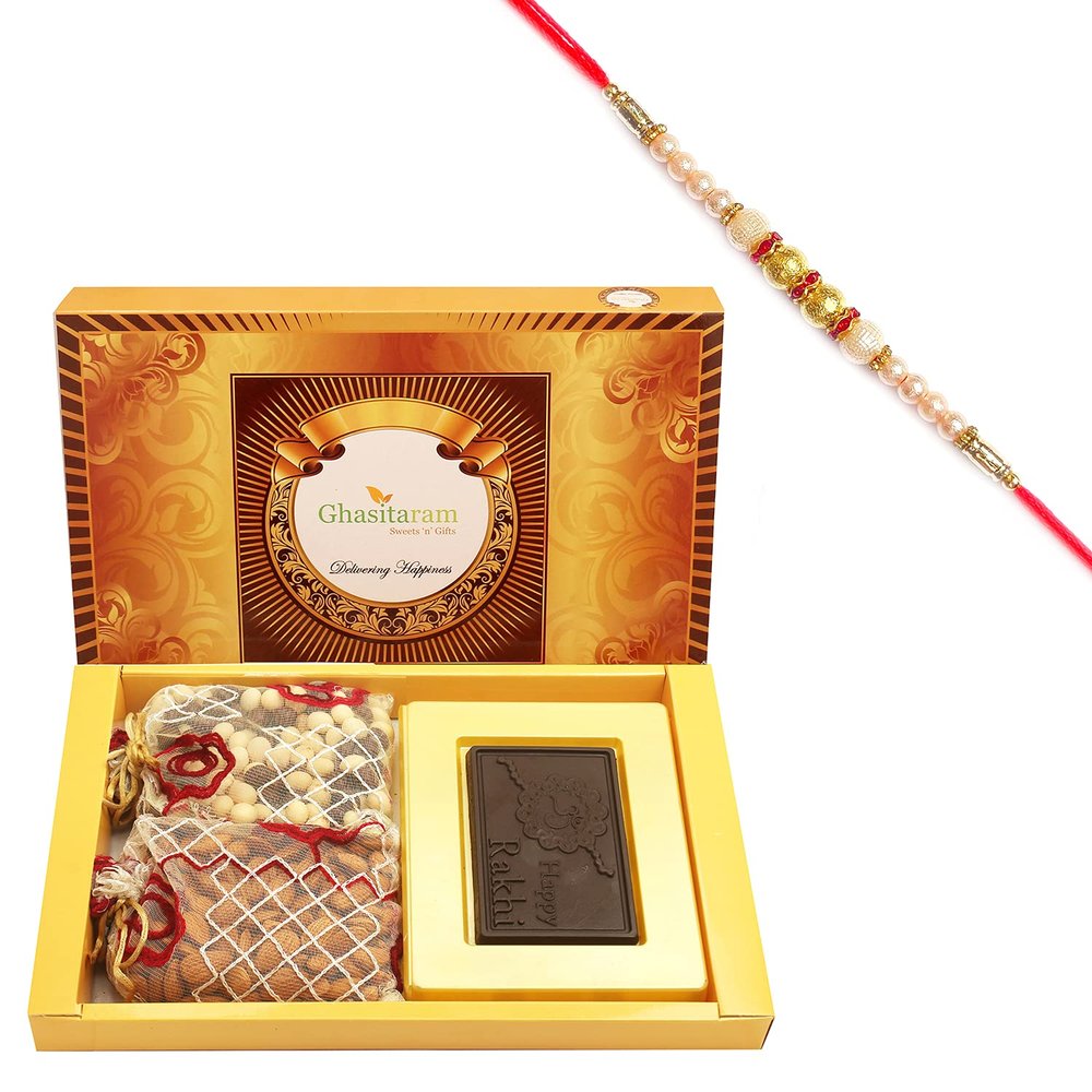 Ghasitaram Gifts Rakhi Gifts for Brothers Rakhi Chocolate Big Box of Happy Rakhi Chocolate, Almonds and NuttiesPouch with Pearl Rakhi
