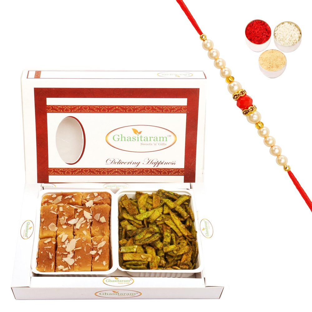 Ghasitaram Gifts Rakhi Gifts for Brothers Rakhi Sweets - Mysore Pak and Palak Potato Chips Hamper with Pearl Beads Rakhi