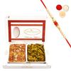 Ghasitaram Gifts Rakhi Gifts for Brothers Rakhi Sweets - Mysore Pak and Palak Potato Chips Hamper with Pearl Beads Rakhi view 1