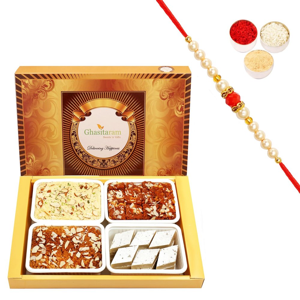 Ghasitaram Gifts Rakhi Gifts for Brothers Rakhi Sweets - Big Box of Kaju Katli, Soan Papdi, Dodha Barfi and Milk Cake with Pearl Beads Rakhi