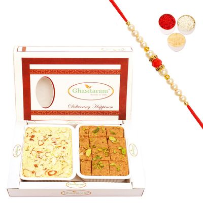 Ghasitaram Gifts Rakhi Gifts for Brothers Rakhi Sweets - Besan Barfi and Soan Papdi Hamper with Pearl Beads Rakhi