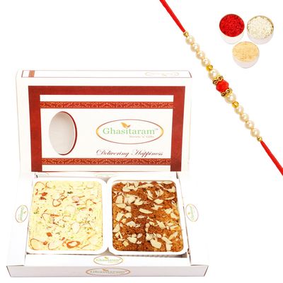 Ghasitaram Gifts Rakhi Gifts for Brothers Rakhi Sweets - Milk Cake and Soan Papdi Hamper with Pearl Beads Rakhi