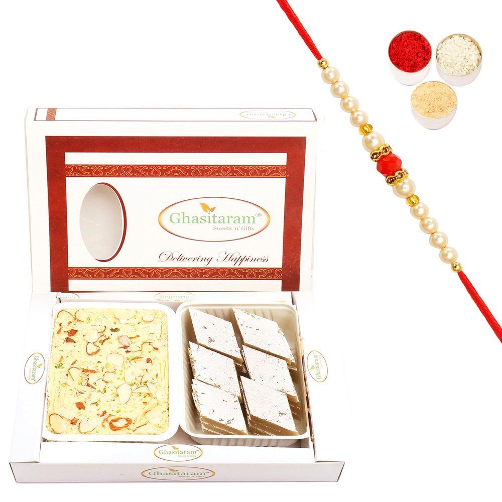 Ghasitaram Gifts Rakhi Gifts for Brothers Rakhi Sweets - Kaju Katli and Soan Papdi Hamper with Pearl Beads Rakhi