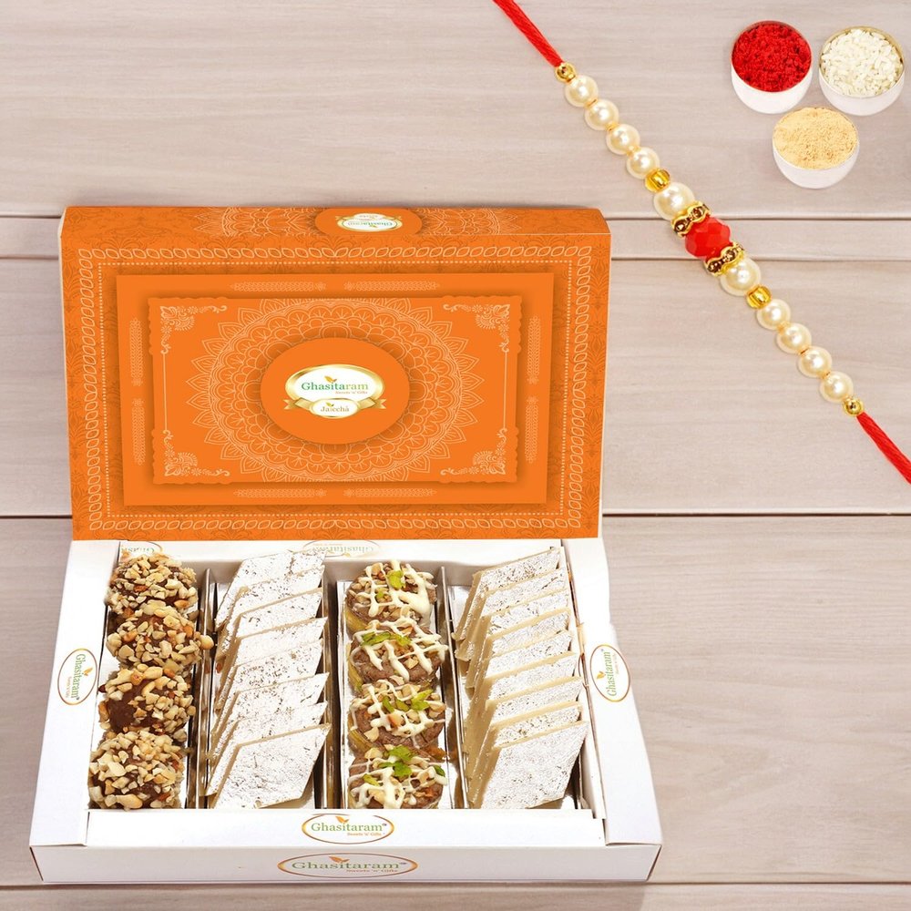 Ghasitaram Gifts Rakhi Gifts for Brothers Rakhi Sweets - Assorted Box Pure Kaju Katlis, Dryfruit Sweets 400 GMS with Beads Rakhi