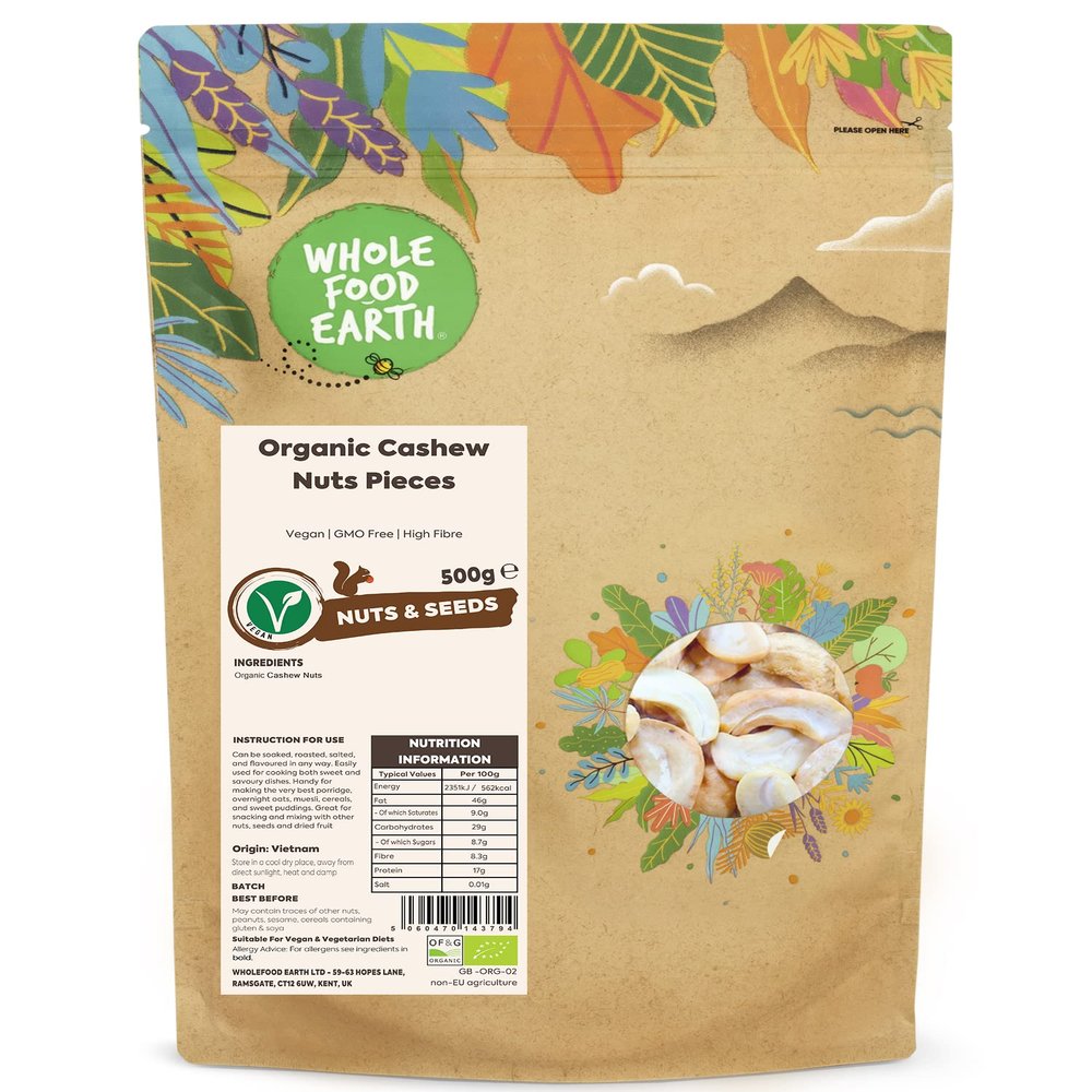 Wholefood Earth Organic Cashew Nuts Pieces 500g Vegan | GMO Free | High Fibre | Certified Organic