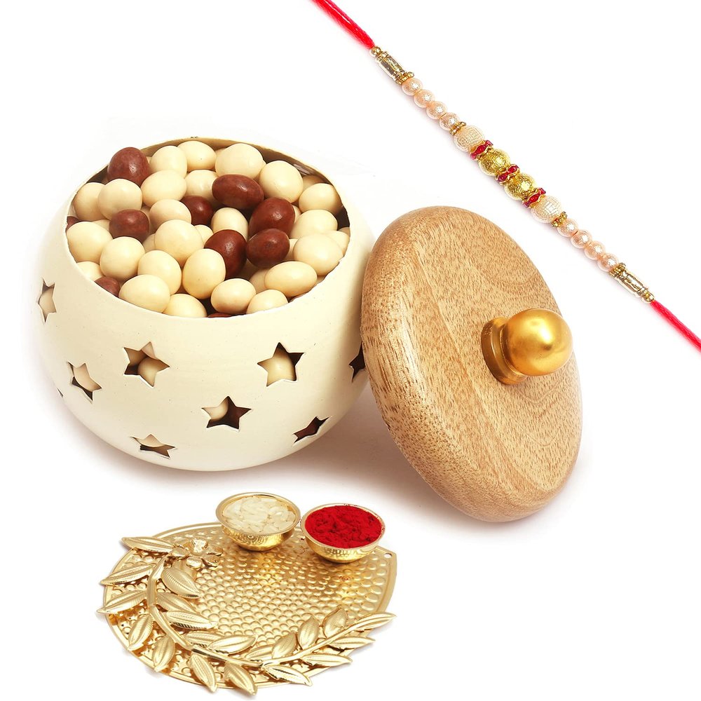 Ghasitaram Gifts Rakhi Gifts for Brother Rakhi Dryfruits- Roasted Cashews Jar with Pearl Diamond Rakhi
