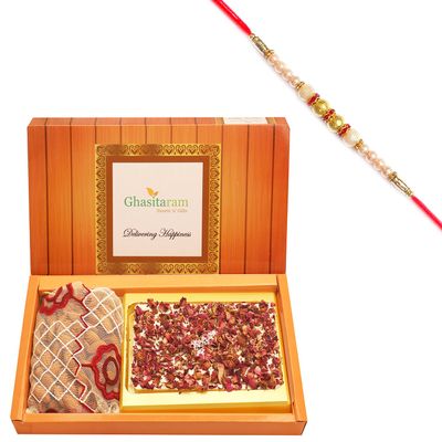 Ghasitaram Gifts Rakhi Gifts for Brothers Rakhi Chocolate Big Box of Walnut Chocolate Bark, Almonds and NuttiesPouch with Pearl Rakhi