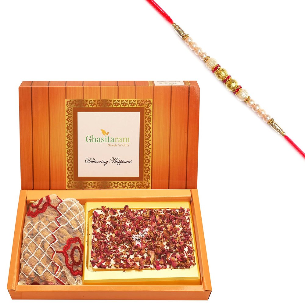 Ghasitaram Gifts Rakhi Gifts for Brothers Rakhi Chocolate Big Box of Walnut Chocolate Bark, Almonds and NuttiesPouch with Pearl Rakhi