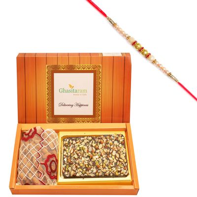 Ghasitaram Gifts Rakhi Gifts for Brothers Rakhi Chocolate Box of Walnut Chocolate Bark and Almonds Pouch with Pearl Rakhi
