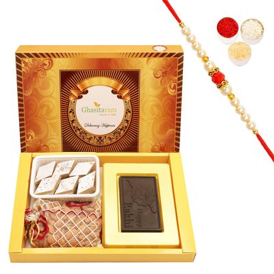 Ghasitaram Gifts Rakhi Gifts for Brothers Rakhi Sweets - Big Box of Happy Rakhi Chocolate, Almonds and Kaju Katli with Pearl Beads Rakhi