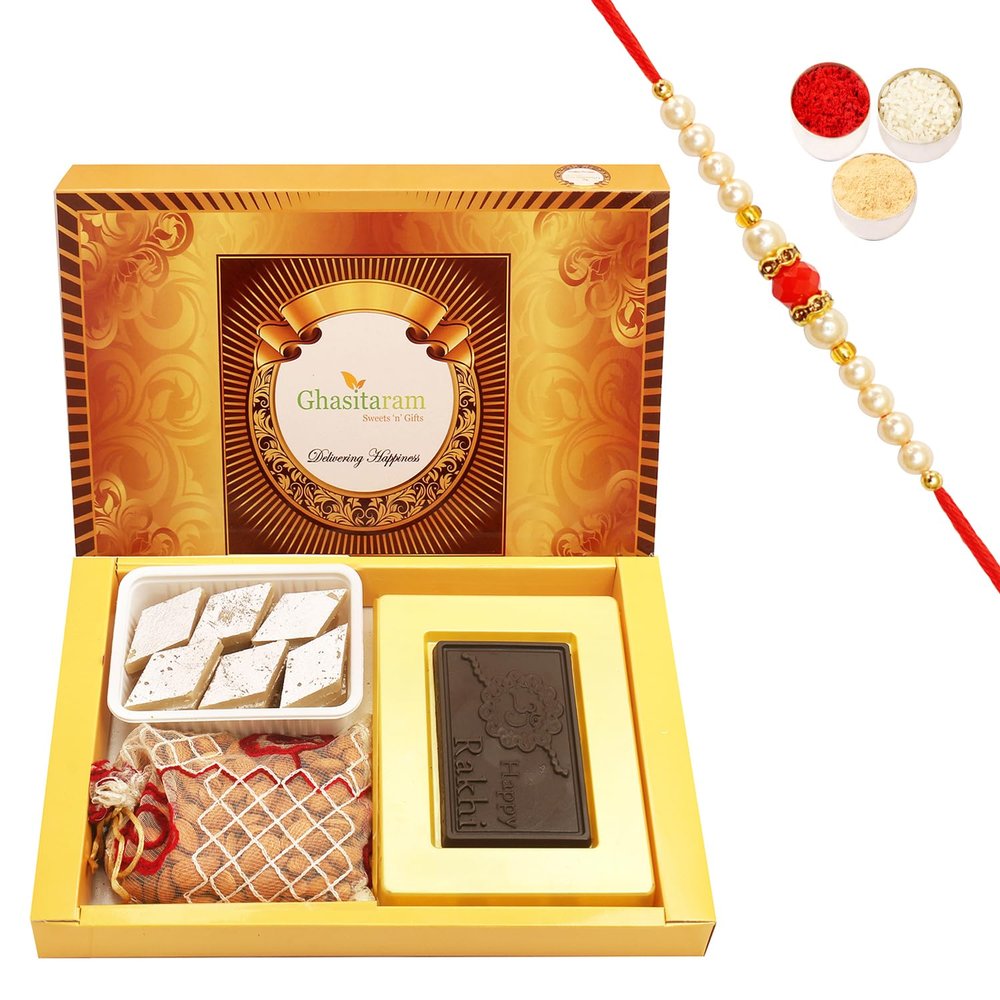 Ghasitaram Gifts Rakhi Gifts for Brothers Rakhi Sweets - Big Box of Happy Rakhi Chocolate, Almonds and Kaju Katli with Pearl Beads Rakhi