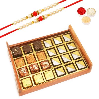 Ghasitaram Gifts Rakhi Gifts for Brothers Rakhi Sweets - Wooden Sheen Chocolates and Assorted Bites Serving Tray with 2 Beads Rakhi