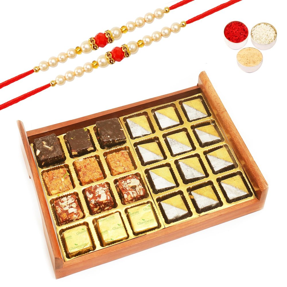 Ghasitaram Gifts Rakhi Gifts for Brothers Rakhi Sweets - Wooden Sheen Chocolates and Assorted Bites Serving Tray with 2 Beads Rakhi
