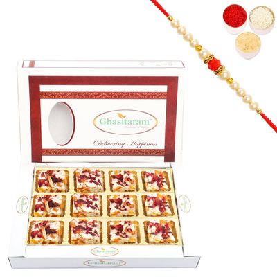 Ghasitaram Gifts Rakhi Gifts for Brothers Rakhi Sweets - Mango Choco Bites 12 pcs with Beads Rakhi